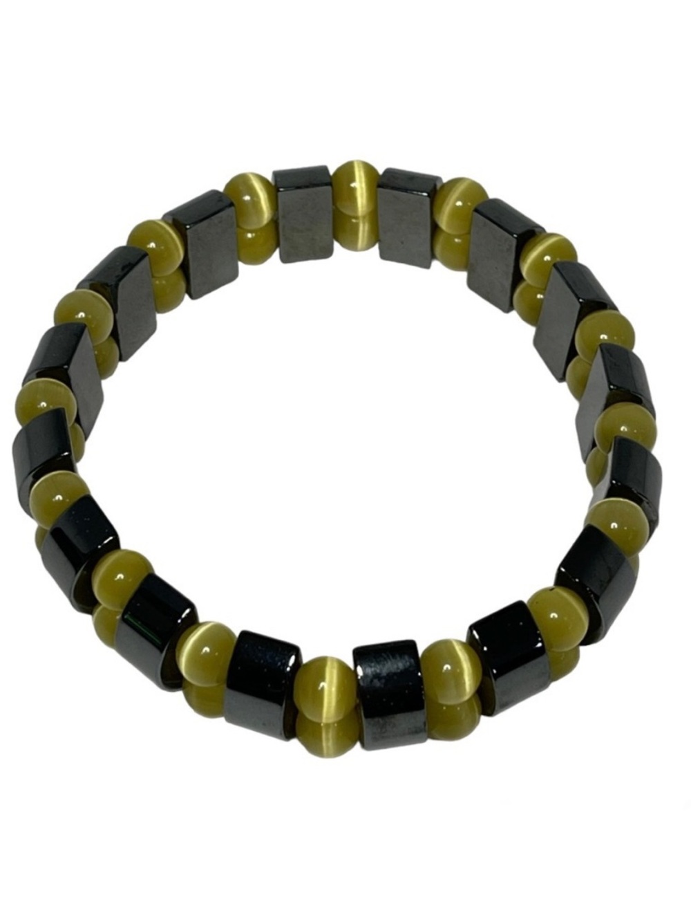 Hematite & Yellow Cats Eye Chunky Beaded Gemstone Stretch Bracelet One Size